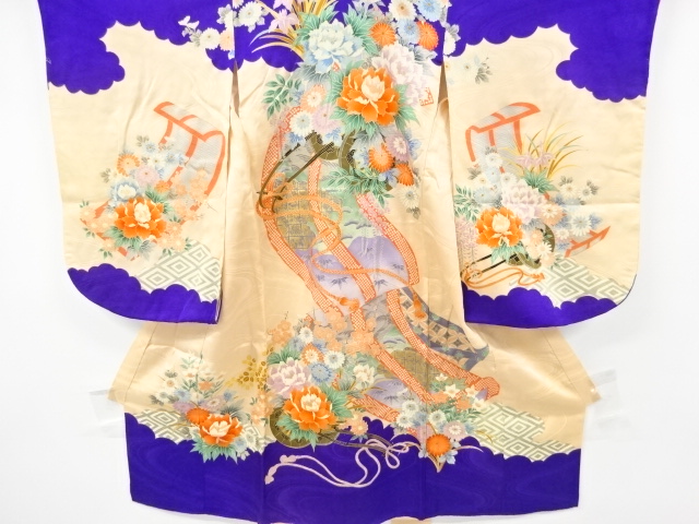 JAPANESE KIMONO / ANTIQUE KIMONO / FLOWER CART & BAMBOO BLIND